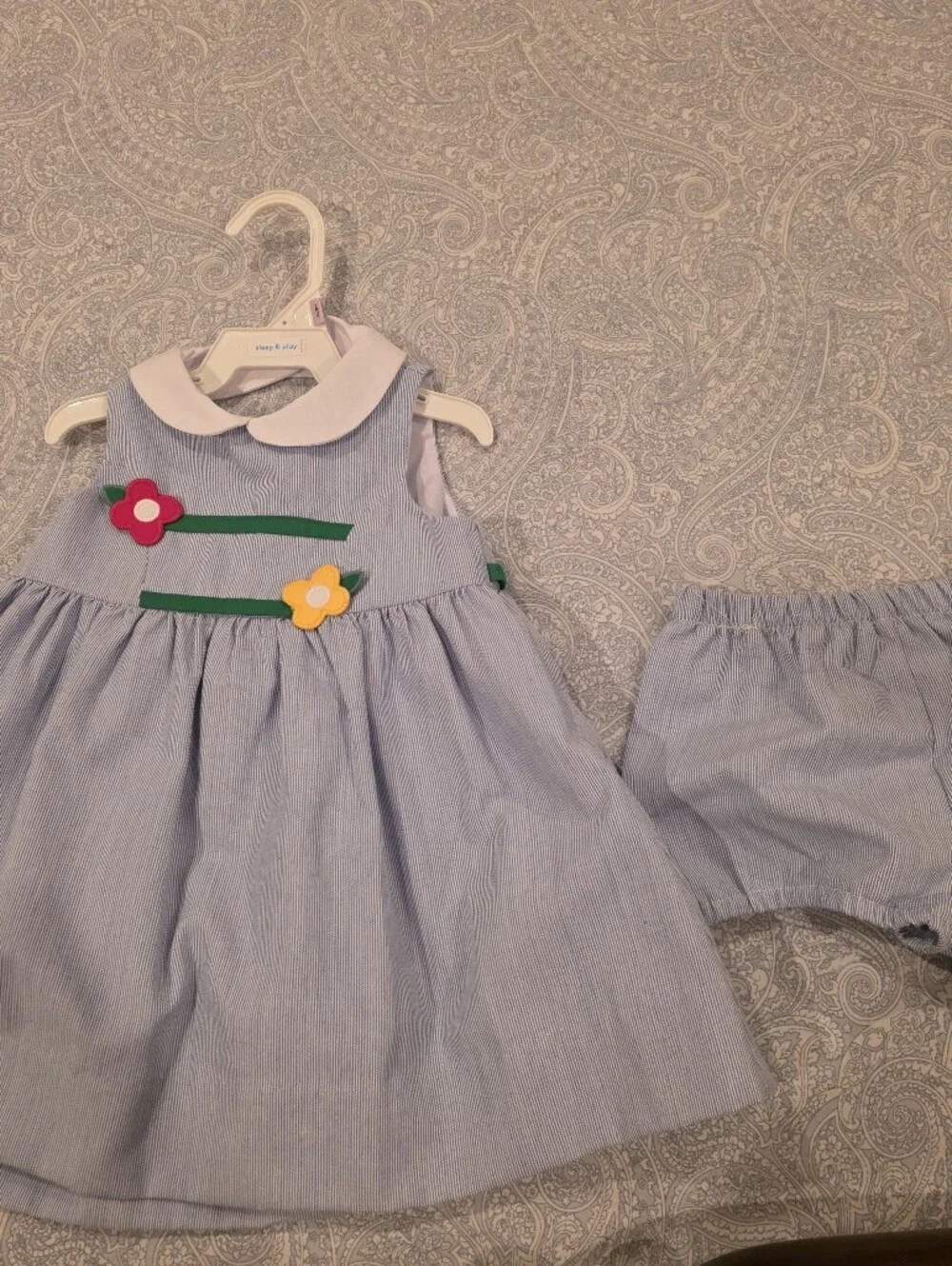 Florence Eiseman Light Blue Striped Dress with Floral Appliqués and Bloomer